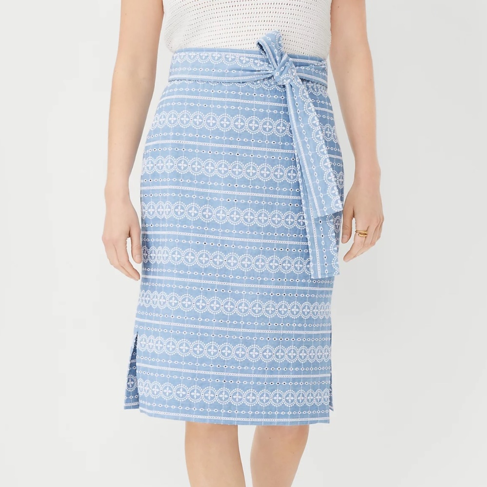 Ann Taylor Tie Waist Pencil Skirt Embroidered Chambray Blue
